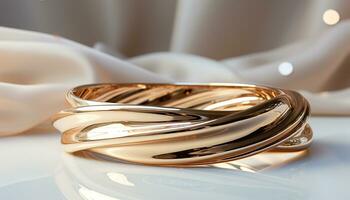 ai genererad skinande guld bröllop ringa symboliserar kärlek och elegans genererad förbi ai foto