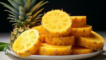 ai genererad friskhet och sötma i en saftig ananas skiva på en tallrik genererad förbi ai foto
