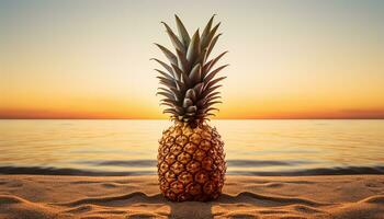 ai genererad solnedgång över de tropisk kustlinje, en uppfriskande ananas dryck väntar genererad förbi ai foto