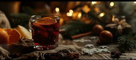 ai genererad jul funderade vin med jul lövverk på en trä- tabell och jul trasa foto