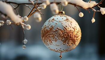 ai genererad vinter- firande jul prydnad hängande på snö täckt träd gren genererad förbi ai foto