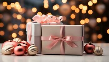 ai genererad en skinande gåva låda insvept i glittrande jul dekoration genererad förbi ai foto