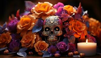 ai genererad halloween firande läskigt tabell dekor med lila blomma arrangemang genererad förbi ai foto