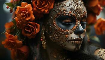 ai genererad ung kvinna i utveckla mask firar halloween med elegans genererad förbi ai foto