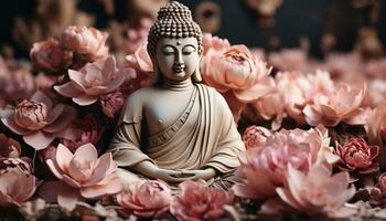ai genererad mediterar staty i lotus placera ger harmoni och lugn genererad förbi ai foto