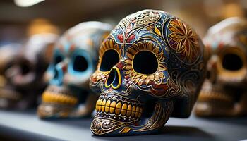 ai genererad dag av de död- firande färgrik, utsmyckad masker symbolisera gammal traditioner genererad förbi ai foto