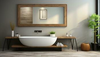 ai genererad modern inhemsk badrum design med elegant trä golv och rena handfat genererad förbi ai foto