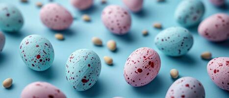 ai genererad färgrik påsk ägg på en blå bakgrund foto