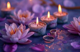 ai genererad fem ljus stå på en lila bakgrund med lotus blomma och en lotus ringa foto