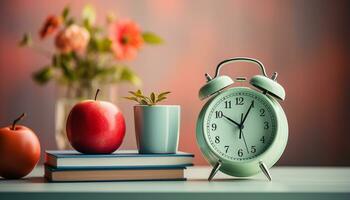 ai genererad tillbaka till skola studerar klocka, bok, äpple, skrivbord, penna genererad förbi ai foto