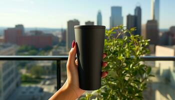 ai genererad affärskvinna innehav kaffe kopp, ser på stadsbild genom kontor fönster genererad förbi ai foto