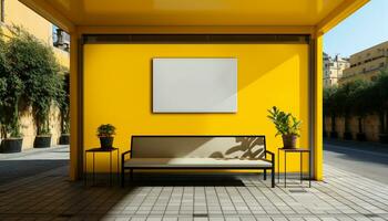 ai genererad modern design med gul stol och blå fåtölj i tömma rum genererad förbi ai foto