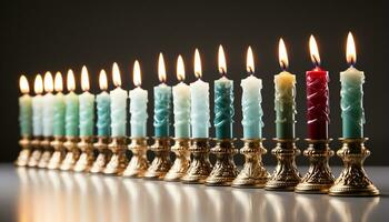 ai genererad flamma lysande, levande ljus tänds menora, symbol av hanukkah firande genererad förbi ai foto