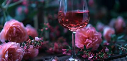 ai genererad glas av rosa vin är visas Nästa till en uppsättning av blommor foto