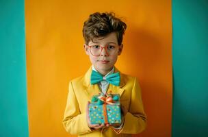 ai genererad pojke i gul kostym och rosett slips innehav påsk gåvor påsk, foto