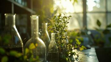 ai genererad botanisk forskning växt prov i glas kolvar i laboratorium med solljus foto