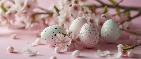 ai genererad söt påsk ägg på en rosa bakgrund med blommor på dem foto