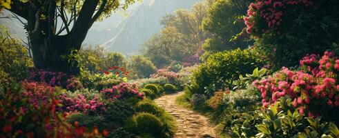 ai genererad blommor i en trädgård med en väg ledande till blommor foto