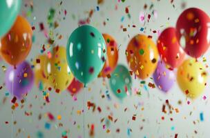 ai genererad Lycklig födelsedag bakgrund färgrik ballonger och konfetti på vit bakgrund foto
