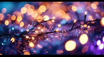 ai genererad glittrande jul lampor på lila och blå bakgrund foto