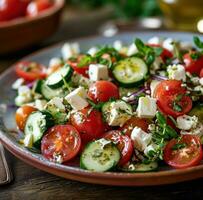 ai genererad grekisk sallad med tomater och gurkor foto