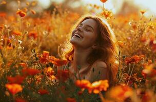 ai genererad flicka skrattande i en fält av blommor foto