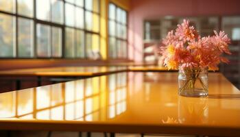 ai genererad modern lägenhet med ljus gul blomma arrangemang på trä- tabell genererad förbi ai foto