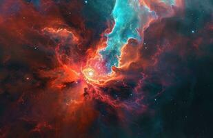 ai genererad orange och blå nebulosa med en röd stjärna och röd stjärna foto