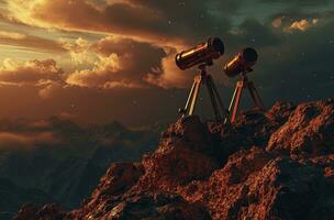 ai genererad två teleskop på en berg i en mörk himmel foto