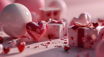 ai genererad valentine hjärta hälsning kort och gåvor på ett rosa bakgrund foto