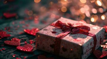 ai genererad hjärtans dag gåvor i en rosa gåva låda med röd hjärtan foto