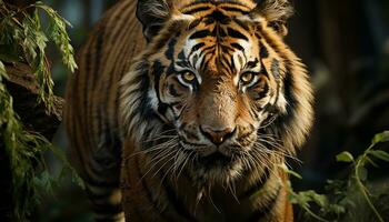 ai genererad majestätisk bengal tiger stirrande, skönhet i natur, vildkatt i vildmark genererad förbi ai foto