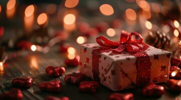 ai genererad hjärtans dag gåvor i en rosa gåva låda med röd hjärtan foto