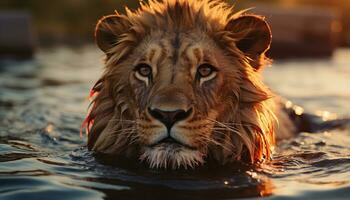 ai genererad majestätisk lejon stirrande, reflekterande skönhet i natur lugn solnedgång genererad förbi ai foto
