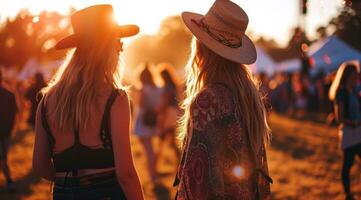 ai genererad kvinnor på musik festival i sommar solnedgång foto