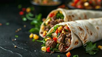 ai genererad burritos wraps med nötkött och grönsaker på svart bakgrund foto