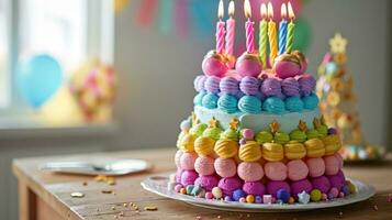ai genererad färgrik topsy turvy födelsedag kaka med ljus foto