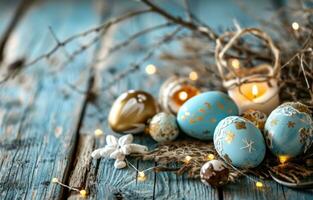 ai genererad påsk ägg och dekorationer på en rustik trä- tabell foto
