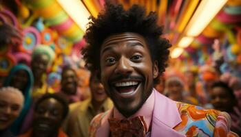 ai genererad ung vuxna njuter en färgrik brasiliansk karneval med glädje och spänning genererad förbi ai foto