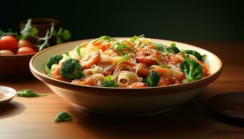ai genererad friska vegetarian pasta måltid med färsk tomat och grön sallad genererad förbi ai foto
