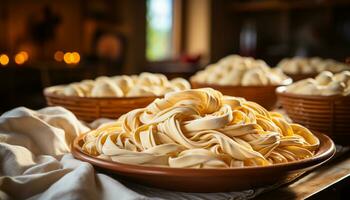 ai genererad hemlagad pasta måltid på rustik trä- tabell, friska och färsk genererad förbi ai foto