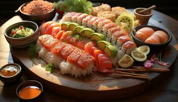 ai genererad färsk skaldjur måltid på trä tallrik, japansk kultur, friska äter genererad förbi ai foto