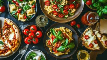 ai genererad full tabell av italiensk måltider på plattor pizza, pasta, ravioli foto