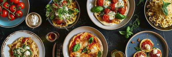 ai genererad full tabell av italiensk måltider på plattor pizza, pasta, ravioli foto