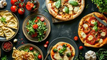 ai genererad full tabell av italiensk måltider på plattor pizza, pasta, ravioli foto