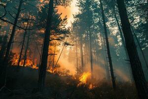 ai genererad de stigande hot av en skog brand foto