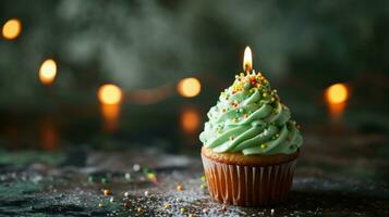 ai genererad grön födelsedag muffin med kopia Plats foto