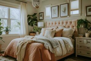 ai genererad en sovrum i en neutral Färg schema med en rosa säng foto