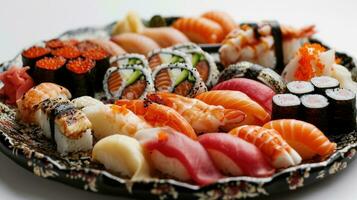 ai genererad blandad sushi rullar och sashimi på en tallrik foto