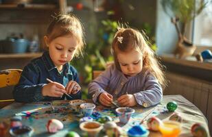 ai genererad två barn är målning påsk med liten påsk kanin tema foto
